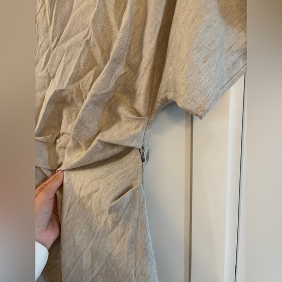new Staud Amelie draped linen blend midi dress in natural oatmeal heather - Picture 8 of 12